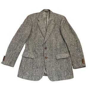 Vtg Harris Tweed Sport Coat Sz 44XXL Black Gray Handwoven 100% Scottish Wool